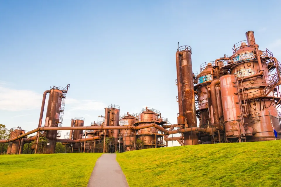 Gas Works Park with old, rusty coal gasification equipment in Seattle, Washington.